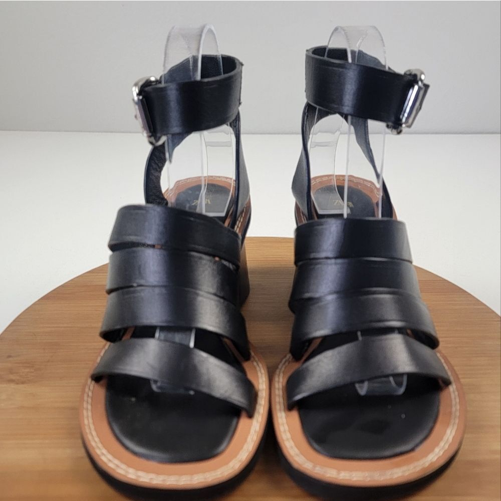 Zara Black Leather Strappy Block Heels Womens Shoe Size EU 36 US 6 - Picture 4 of 15